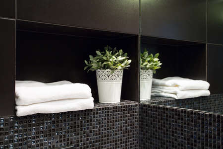 Pretty white decoration in new modern black bathroomの写真素材