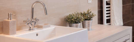 Close-up of clean sink with floral decorations in modern bathroom