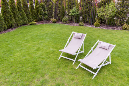 Close-up of deck chairs in the gardenの写真素材