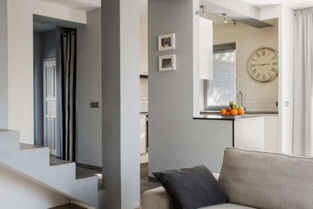 Stairs without rails in modern living roomの写真素材