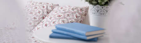 Close-up of blue books lying on nightstand near flower