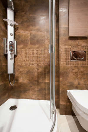 Close-up of brown tiles in bathroom interiorの写真素材