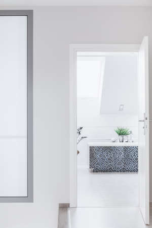 Luxurious white bathroom with black contrastive tilesの写真素材