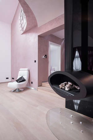 Close-up of modern fireplace in living roomの写真素材