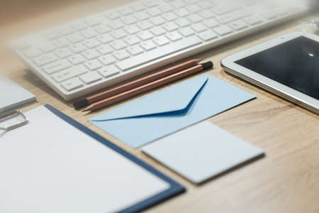 Professional prepared desk office with computer keyboardの写真素材