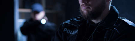 Police officer's partner is holding a flashlightの写真素材