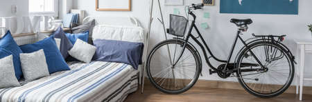 Panorama of white and blue boy dream room interiorの写真素材