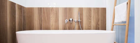 Wooden wall in stylish bathroom in the houseの写真素材