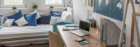 Panorama of new design white and blue teenager room interior