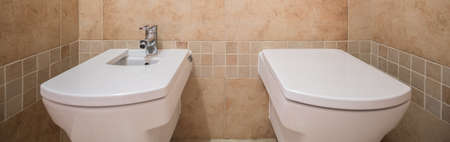 Modern bathroom with ceramic bidet with toiletの写真素材
