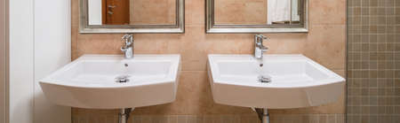 Two basins in caramel tiled contemporary restroomの写真素材
