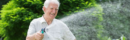 Panoramic view of happy senior gardener using garden hoseの写真素材
