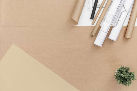 Blueprints and brown paper - view from aboveの写真素材