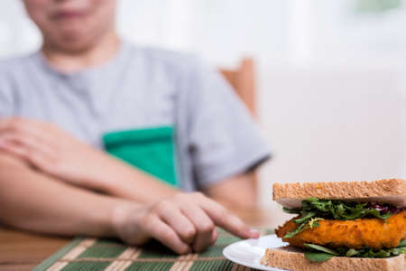 Vegetarian child refusing to eat chicken sandwichの写真素材
