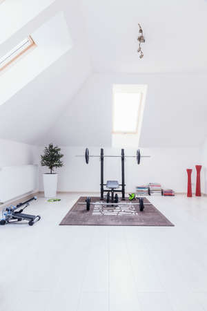 Small gym arranged in white room at homeの写真素材