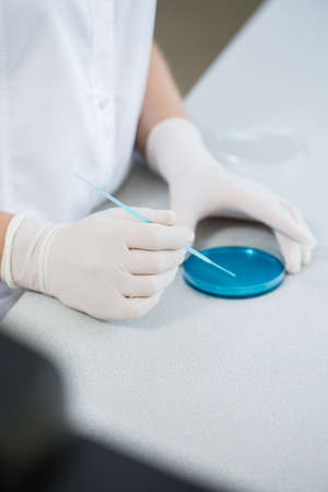 Close-up of female scientist with Petri dish