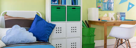 Closet with boxes in a boy's room