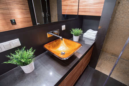 Close-up of modern washbasin in luxury toiletの写真素材