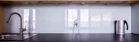 Panorama of kitchen sink and black solid worktopの写真素材