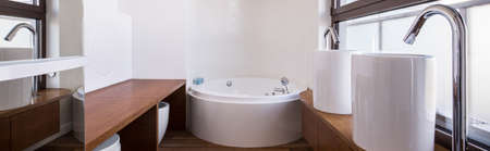 Panorama of stylish wooden bathroom with new design washbasins