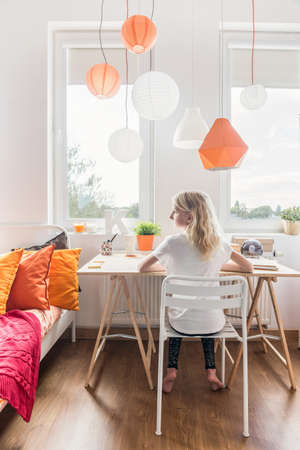 Picture of little girl in her bedroomの写真素材