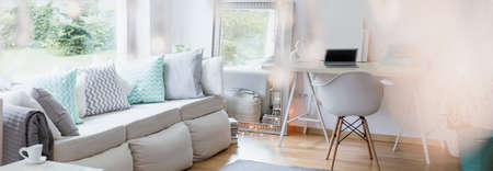 Panorama of new design apartment with light furnitureの写真素材