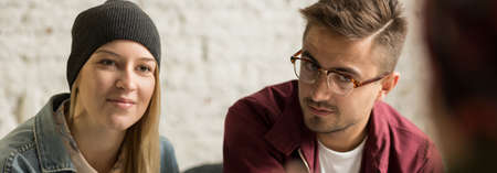 Young couple is sending time together at the coffeehouseの写真素材