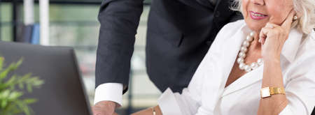 Senior businesswoman working on notebook at deskの写真素材