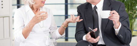 Elegant senior businesswoman and businessman are talking