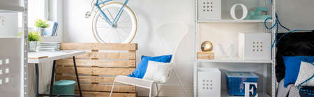 Blue details in contemporary bright interior - panorama
