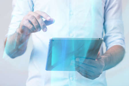 Double exposed creative person working on new tablet
