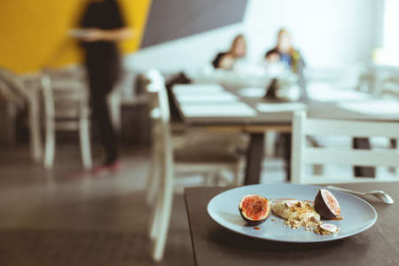 Delicious desert with figs in elegant restaurant