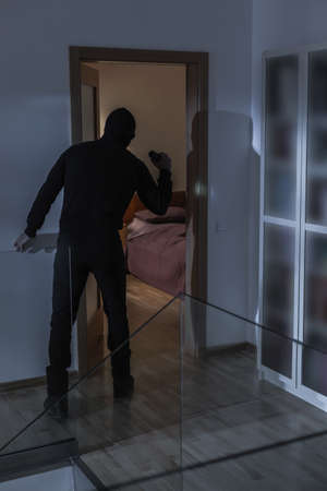 Image of robber in black costume during mugging in villa