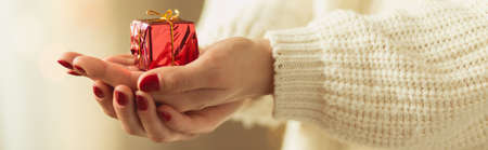 Closeup of small christmas present on woman handsの写真素材