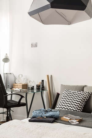 Image of stylish combined bedroom and home officeの写真素材