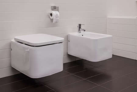 Picture of new desing toilet and bidet in white bathroomの写真素材