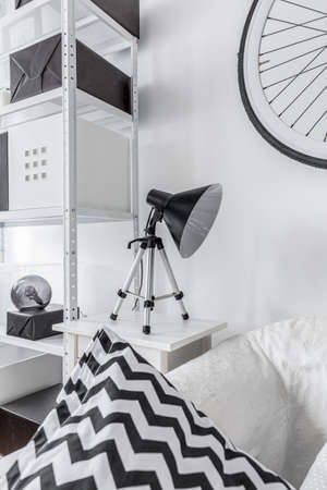 Modern reading lamp in black and white roomの写真素材