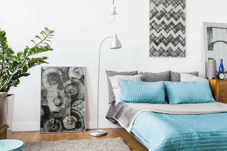 Horizontal view of modern homely bedroom interior
