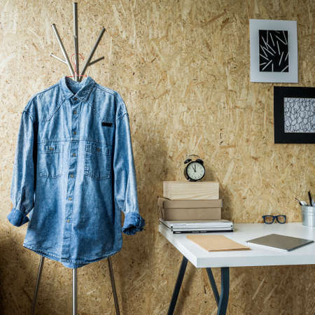 Minimalist room and trendy wall made of fibreboardの写真素材