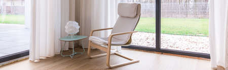 Panorama of cosy and warm relaxing area in modern villaの写真素材