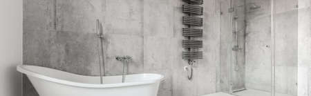 Panorama of new style spacious bathroom with shower and bathtubの写真素材