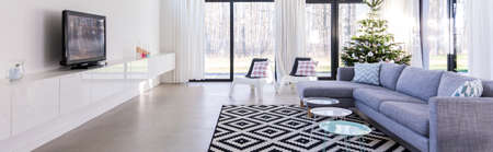 Panorama of new design interior with curtain wallの写真素材