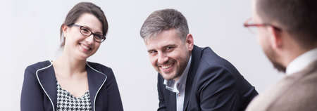 Panorama of happy married couple after successful psychotherapyの写真素材