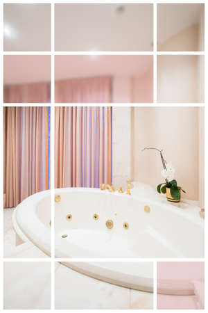 White ceramic washbasin and color squares aroundの写真素材