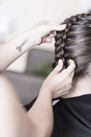 Professional hairdresser creating a braided hairstyle to her client