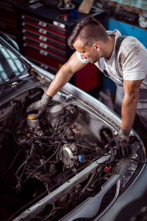 Photo of man checking car parts under hoodの写真素材