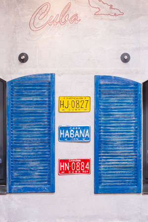 Cuba style decorations on wall in restaurantの写真素材