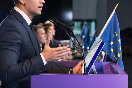 Politician giving speech in European Parliamentの写真素材