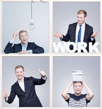 Man with bulb above head, man in suit with white writing work, businessman holding thumbs up, casual...