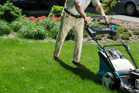 Man is pushing lawn mower to mown grass